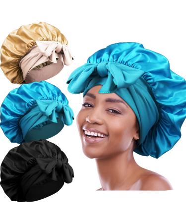 3pcs Satin Bonnets for Black Women, Large Silky Bonnet with Tie Band, Jumbo Braids Bonnet, B Set B- Black, Peacock Blue, Rose Gold
