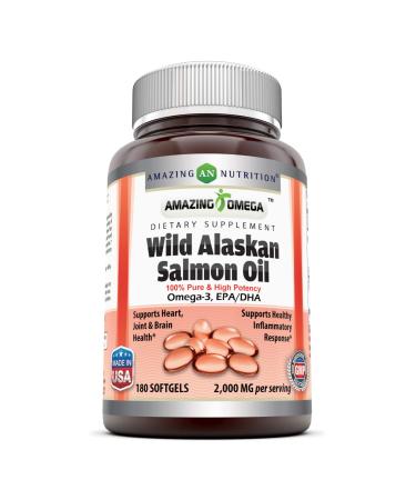 Amazing Omega Wild Alaskan Salmon Oil Softgels (Non-GMO) - Supports Heart, Joint & Brain Health and Promotes Healthy inflammatory Response (2000 MG Per Serving, 180 Softgels) 2000 MG Per Serving 180 Count (Pack of 1)