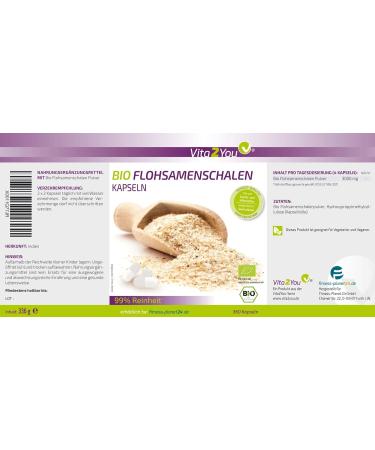 Vita2you Organic Psyllium Chapes Capsules - 360 Capsules 750mg Each - Premium Quality Psyllium Shells for Digestive Health - International Shipping Available - Buy Online on GoSupps.com