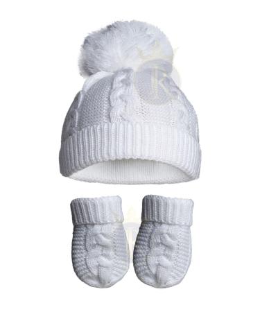 Royal Icon Baby Knitted Pom Pom Hat with Mittens Baby Boys Girls Winter Hat Mittens Set Cable Knit Single Pom Pom Bubble Hat Colours Available NB-12 Months RI6512 0-12 Months White