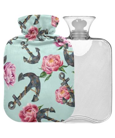 NAANLE hot water bottle with watercolor rose anchor with reference transparent hot water bottle 1 l for bed hand feet heat and cold therapy