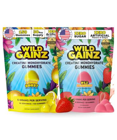 WILD GAINZ Creatine Monohydrate Gummies Bundle Strawberry & Lemon | 5000mg Sugar-Free Vegan Non-GMO Gluten-Free | Supports Muscle Growth Strength & Focus | Made in USA 270 Total Chews