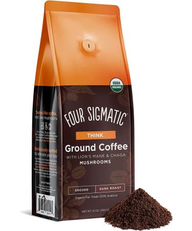 Organic Ground Mushroom Coffee by Four Sigma Dark Roast Fair Trade Gourmet Coffee with Lion's Mane Chaga & Mushroom Powder | Immune Boosting Coffee for Focus & Immune Support 340g Bag