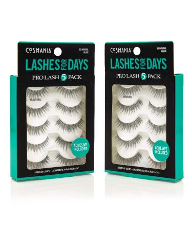 Cosmania Lashes for Days False Eyelashes (So Natural) - Easy to Apply, Natural Looking | Noticeably Fuller Looking Lashes | Adhesive Included | Cruelty Free (5 Pack/2 Pair - Black)