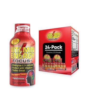Focus Supplement Vitamin Energy Drink - Sugar Crash Free and Keto / Vegan Friendly Shots | Focus, Clarity, and Concentration Boosting | Energize up to 7+ Hours | Tropical Infusion - 1.93 Fl Oz (Pack of 24)