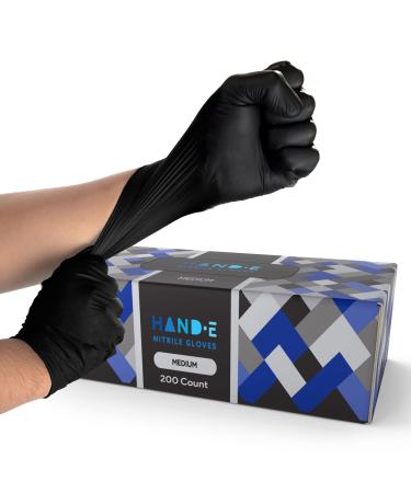 Hand-E Touch Disposable Black Nitrile Gloves - Heavy Duty 5 Mil Thick Medical Exam Gloves - Powder and Latex Free, Food Safe 200 Medium