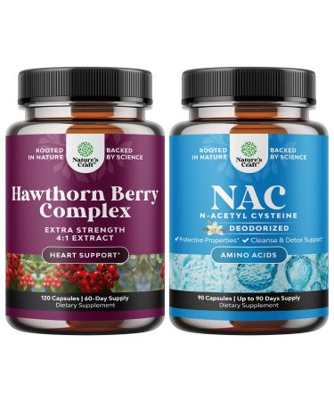 Bundle of Extra Strength Hawthorn Berry Capsules - Heart Health Supplement and NAC Supplement N-Acetyl Cysteine 600mg - Liver Cleanse Detox Kidney Support Lung Health Immunity and Brain Supplement