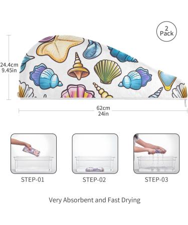 Colorful Seashells Hair Towel 2 Pack - Super Absorbent Quick Dry Hair Turbans with Button Wrap for Women & Girls - Ideal for International Shipping - Buy Online on GoSupps.com