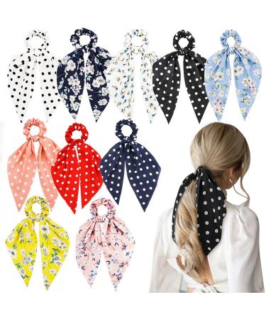 NAIHOD 10Pcs Hair Scarf Scrunchies for Girls Floral Chiffon Hair Ribbon Hair Bandana Hair Ties Polka Dots Hair Scarf Hair Scrunchie for Women Girls Teenage Elastic Hair Rope with Bowknot Ponytail Holder