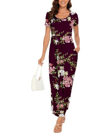Women's YUNDAI Floral Maxi Dress | Summer Maternity Casual | Short Sleeve, Plus Size | Pocket Detail | Wine Red - Buy Online on GoSupps.com