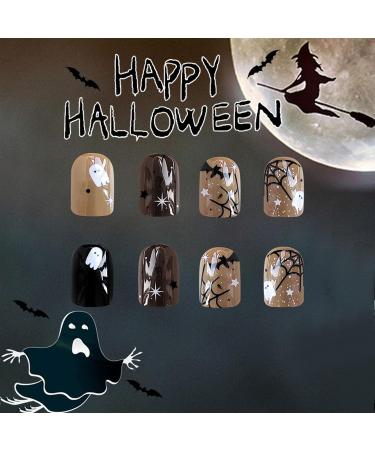 Shop Halloween Press On Nails - Short Square Fake Nails with Spider Web Bat & Ghost Design - 24 Pcs Glossy Full Cover Glue-On Nails for Women - Buy Online on GoSupps.com