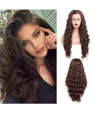 Salomezklm wig with lace front corrugated hair brown long wigs without glue heat-resistant art hair lace front wig for fashionable women (dark brown 61 cm)