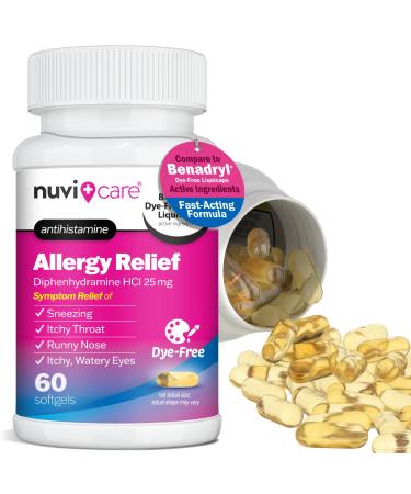 Allergy Relief Softgels Dye-Free Diphenhydramine 25mg Antihistamine Meds for Runny Nose Sneezing Itchy Eyes & Throat Compare to LiquiGels Allergy Medicine for Adults (60 Count) 60 Count (Pack of 1)