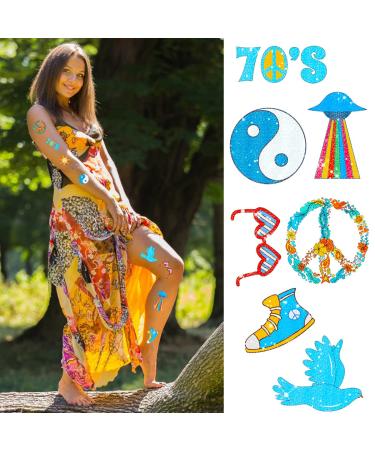 Groovy 70s Temporary Tattoos - Flower Glitter Fake Tattoo Stickers for Retro Hippie Decor - 20 Sheets - Buy Online on GoSupps.com