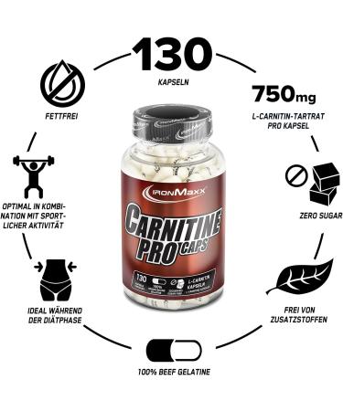 Ironmaxx Carnitine Pro Caps - 130 Capsules | 750mg L-Carnitine Tartrate | Best Pre-Workout Supplement | Effective for Dieting | Tasteless & Convenient - Buy Online on GoSupps.com