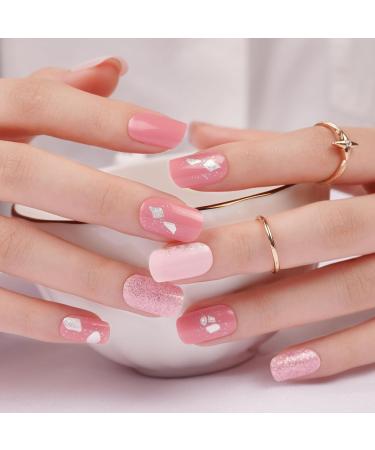 Danni & Toni Half Hardened Gel Nail Foils - Pink Sands Glitter Glossy Nail Set | Self-Adhesive UV Gel Nail Wraps - 28 Stickers - Buy Online on GoSupps.com