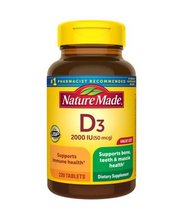 Nature Made Vitamin D3 2000 IU (50 mcg) Dietary Supplement for Bone Teeth Muscle and Immune Health Support 220 Tablets 220 Day Supply 220 Count (Pack of 1)