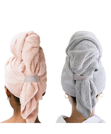 Aiuuee 2 Pack Large Microfiber Hair Towel Wrap for Long Hair Super Absorbent Hair Drying Towel with Elastic Strap Fast Drying Anti Frizz Hair Turban for Women Wet Long Curly Hair(Pink + Grey) Grey+pink