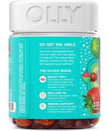 OLLY Teen Girl Multi Gummy Healthy Skin and Immune Support* Essential Vitamins Biotin Zinc Chewable Multivitamin Strawberry Melon Flavored 50 Day Supply - 100 Count 100 Count (Pack of 1) - Buy Online on GoSupps.com