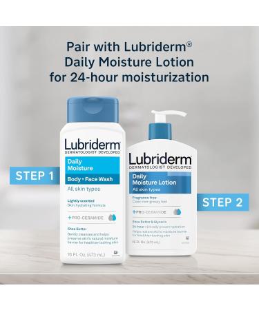 Lubriderm Daily Moisture Body + Face Wash Hydrating Body Wash + Moisturizing Facial Cleanser with Pro-Ceramide & Shea Butter to Gently Cleanse Light Fragrance & Hypoallergenic 16 fl. oz - Buy Online on GoSupps.com