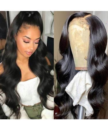 Larhali Hair 13x6 HD Transparent Lace Front Wigs Brazilian Body Wave Human Hair Wigs For Black Women 180% Density Pre Plucked with Baby Hair Natural Black (28 inch) 28 13x6 Body Wave Wigs