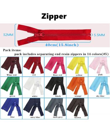 Colorful Resin Zippers Set - 14 Mixed Colors (40cm/16inch) - Ideal for DIY Clothes, Coats, Handbags, and Crafts - Buy Online on GoSupps.com