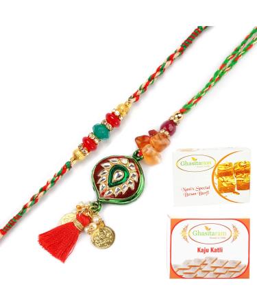 Ghasitaram Gifts Rakhis Online - Rakhi for Brother- RM-217 Bhaiya Bhabhi Rakhi with 200 GMS of Besan Barfi and 200 GMS of Kaju Katli Rakhi Set with 200 gms of Besan Barfi & Kaju Katli