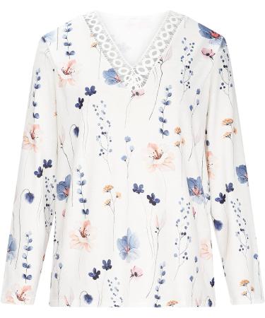 Fall Floral Printed Crochet Trim V Neck Top | Women's Casual Loose Pullover Tee Shirt | Long Sleeve - X-Large - Buy Online on GoSupps.com
