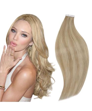 RUNATURE Tape in Hair Extensions Human Hair Ash Blonde Highlight Golden Blonde Tape in Extensions Human Hair Blonde Tape in Extensions Remy Silky Straight 20 Inch 50 Gram 20 Inch 1-Tape #16P22