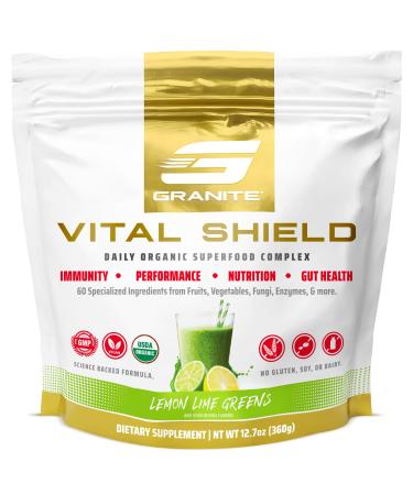 Granite Nutrition Vital Shield - USDA Organic Superfood Greens with Mushrooms & Tart Cherry Supports Energy Immune Function & Digestive Health Lemon Lime Flavor (30 Servings) Lemon Lime Greens