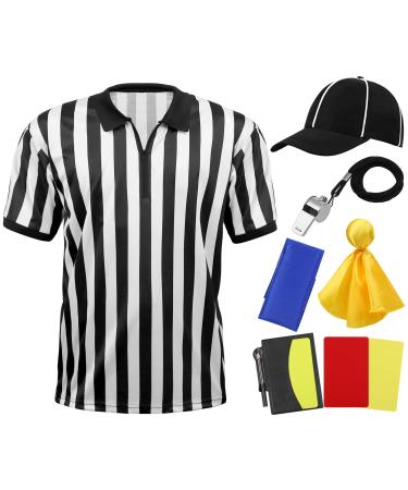 SOMSOC 6 Pieces Men's Official Referee Costume Set Official Umpire Jersey Collar Referee Shirt Cards Hat Whistle Penalty Flag Sandbag Rugby Referee Necessities Black and White Large