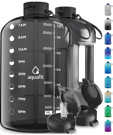 AQUAFIT 1 Gallon Water Bottle With Times To Drink - 128 oz Water Bottle With Straw - Motivational Water Bottle - Large Water Bottle - Sports Water Bottle With Time Marker - Gym Water Jug 1 Gallon Time Markers Gray