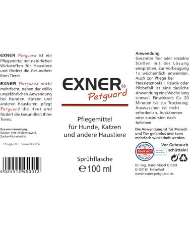 Exner Petguard Fell Care - Natural Itch Relief Spray for Dogs Cats & Pets | 100 ml - Treat Hair Loss Inflammation Parasites & Mites - Buy Online on GoSupps.com