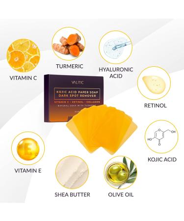 VALITIC Kojic Acid Dark Spot Remover Paper Soap - Travel Size - 300 Dissolvable Sheets - Acne & Dark Spot Treatment with Vitamin C, Retinol, Collagen & Turmeric - 3 Pack - Buy Online on GoSupps.com