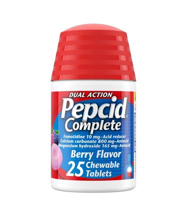 Pepcid Complete Acid Reducer + Antacid Chewables, 10 mg Famotidine, 800 mg Calcium Carbonate & 165 mg Magnesium Hydroxide per Tablet, Acid Reducer + Antacid Chews for Heartburn, Berry, 25 Ct