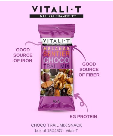 Vitali-T Collation| Snack | Choco Trail Mix | m langes de noix choco sentier | Bo te de 15 x 50 g | Collation nutritive et nergisante | Pratique et facile emporter | Ingr dients de qualit sup rieure enti rement naturels et sain| Contient graines de citrou - Buy Online on GoSupps.com