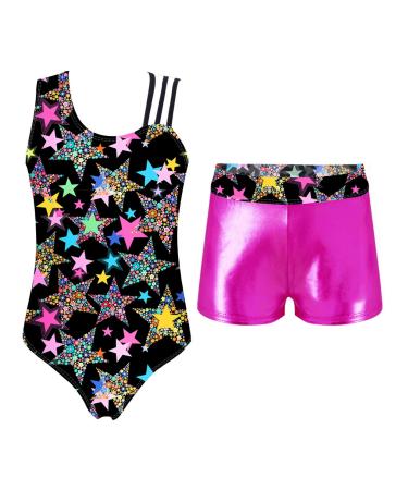 Yihuimin Kids Girls Metallic 2 Pcs Gymnastics Leotard with Shorts School Dance Uniform Swimsuit Starry Black 4T