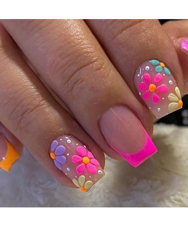 Square Press on Nails 24Pcs Hot Pink French False Nails French Fake Nails with Flowers Full Cover Stick on Nails with Glue for Women Girls Nails Art Hot Pink French Flower