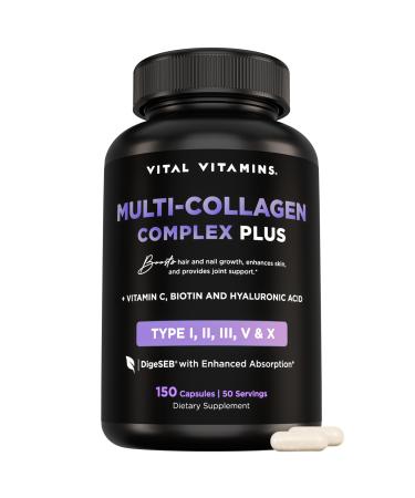 Vital Vitamins Multi Collagen Capsules with Biotin Hyaluronic Acid Vitamin C - Type I II III V X Peptides - Collagen Supplements for Men & Women - Hair Skin Nails Beauty Complex - 150 Count 150 Count (Pack of 1) Mul