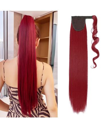 Wrap Around Ponytail Hair Extension 26 inch One Piece Clip in on Pony Tail Synthetic Straight Hairpiece (Dark Red) 26 Inch Red