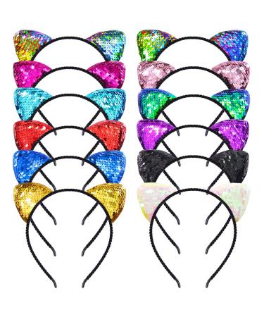Beinou 12 PCS Reversible Sequin Cat Ears Headband Shiny Cat Ear Hair Hoops Cute Bling Kitty Hairband Hair Accessories for Girls Women Daily Wearing and Party Decoration 12 Count (Pack of 1)