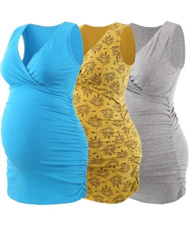 ZUMIY Maternity Nursing Top - Women's Cotton V Neck Ruched Waist Double Layered Tank - S Lake Blue+Yellow+Grey/3-Pack - Buy Online on GoSupps.com