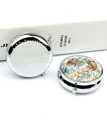 Round Pill Box with Watercolor Sloth Print | 3 Compartment Medicine Organizer | Decorative Metal Portable Pill Case - Buy Online on GoSupps.com