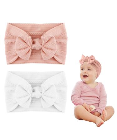 2 PCS Baby Headbands for Newborn Baby Girl Toddler Accessories with Adorable Bows Super Soft Hair bands Baby Essentials Perfect for Birthday Parties & Daily Wear(Pink and White)
