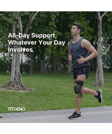 Fit Geno Knee Brace with Side Stabilizers | Breathable Knee Sleeve & Patella Gel Pad for Pain Relief | Ultimate Support for Meniscus Tear Arthritis ACL & PCL - Medium Black-Gold - Buy Online on GoSupps.com