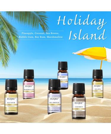 EUQEE Holiday Island Fragrance Oils Gift Set - Essential Oils for Diffusers - Aromatherapy Oil Blend of Pineapple Coconut, Sea Breeze, Bubble Gum, Bay Rum, Marshmallow - 6 Pack 10 ml - Buy Online on GoSupps.com
