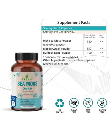 Sea Moss Complex Capsules with Irish Moss Bladderwrack and Burdock Root - Natural Thyroid Digestive and Skin Health Support - Rich in Nutrients - 60 Cap - Buy Online on GoSupps.com