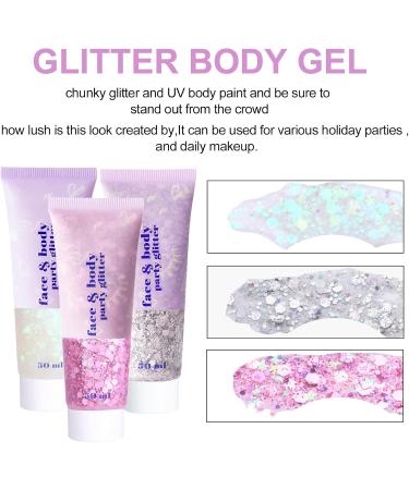 Buy Body Glitter Gel Kit - 3 Bottles of Mermaid Sequins Chunky Glitter for Long-Lasting Festival Makeup - White Silver Pink - Buy Online on GoSupps.com