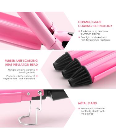 3 Barrel Curling Iron - 1 Inch Ceramic Tourmaline Waver Dual Voltage & LCD Temp Display (Pink) - Perfect for International Shipping - Buy Online on GoSupps.com