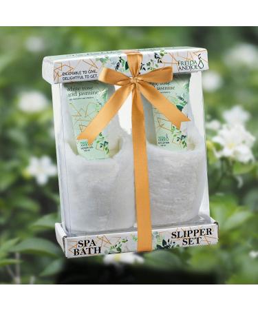 White Rose Jasmine Home Spa Slippers Set - Luxury Bath & Body Gift Basket for Women - Includes Body Lotion, Shower Gel, Plush Slippers - Perfect Holiday Gift - Buy Online on GoSupps.com